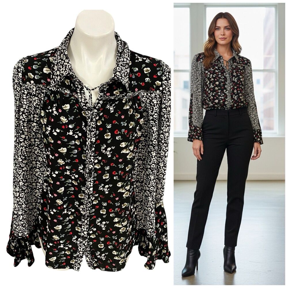 Easel Top Womens Large Blouse Floral Patchwork Rayon Boho Work Office Casual